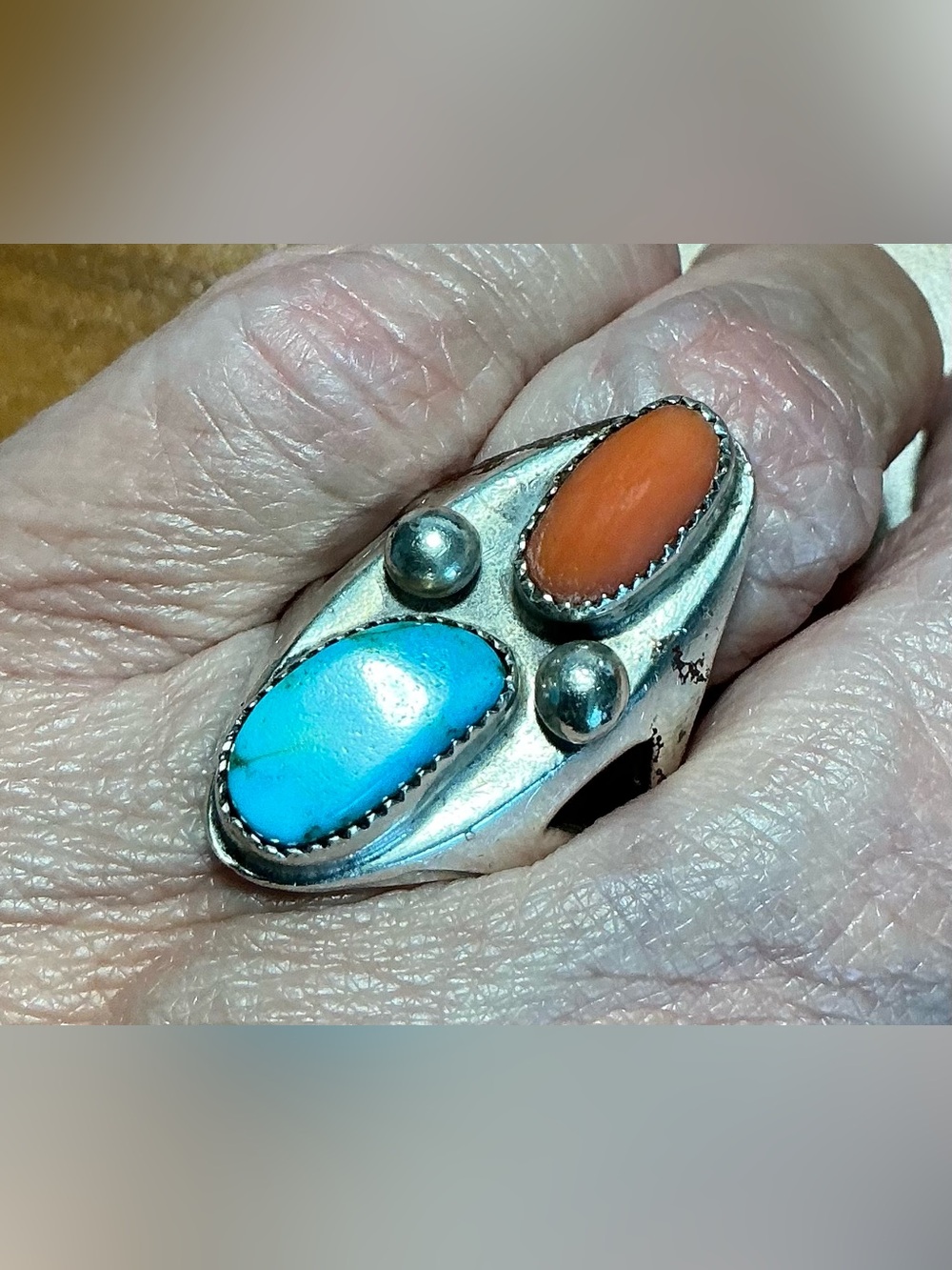 Navajo Turquoise Coral Statement Ring Dome Copper Setting Size 6.5  UNISEX VTG